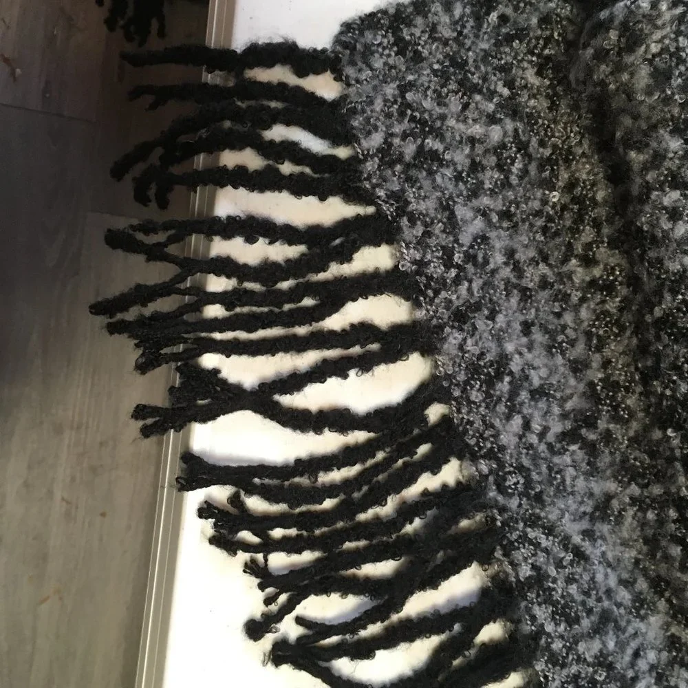 Black & Grey Textured  Fringed Blanket Scarf